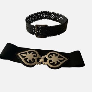 2 belt set black leather M perforated Silver buckle spade stretch wide